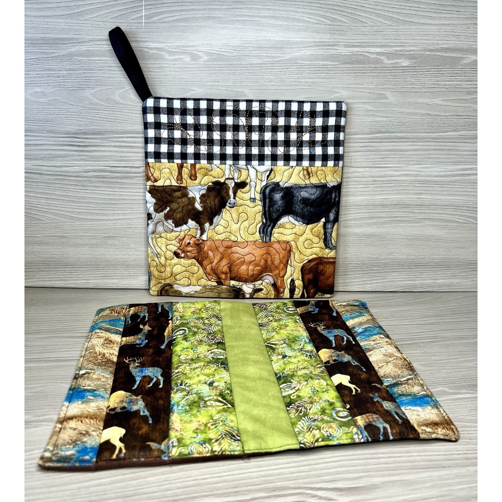 Handmade Quilted Potholders & Hot Pad Set - Farmhouse Cow & Forest Deer Designs